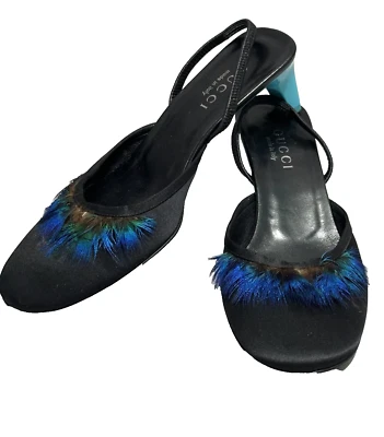 Zapatos de mula Gucci negros y azules plumas y verde azulado tacón de gatito talla 8 Foto 1 de 4