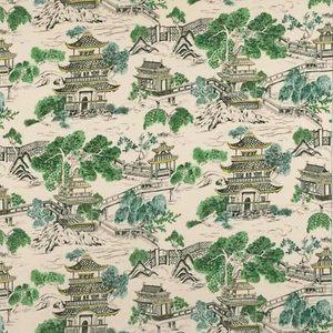 MANUEL CANOVAS SCENIC CHINOISERIE PAGODAS TOILE LINEN FABRIC 10 YARDS VERT D'EAU - Picture 1 of 4