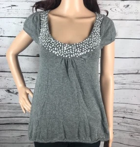 Express Cap Sleeve Shirt Small Gray Silver Sequins Lightweight Knit 100% Cotton - Picture 1 of 12