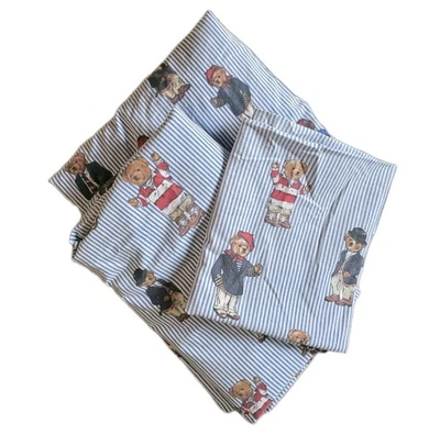 Vintage Ralph Lauren Polo Bear Twin Sheet Set Flat Fitted Pillowcase Blue Stripe - Image 1 of 4