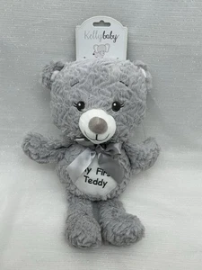 Kelly Baby Teddy Bear "My First Teddy" Plush Toy Gray Boys Girls 14" Rattles NEW - Picture 1 of 15