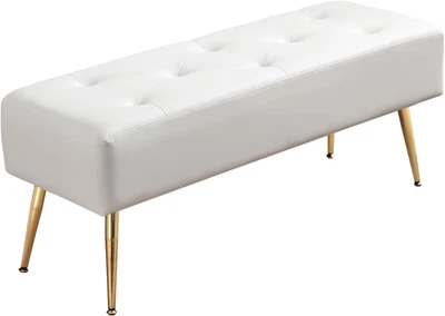 Upholstered Tufted White Bench Ottoman with Padded Seat, Footrest Foot Stool wit - Image 1 of 4