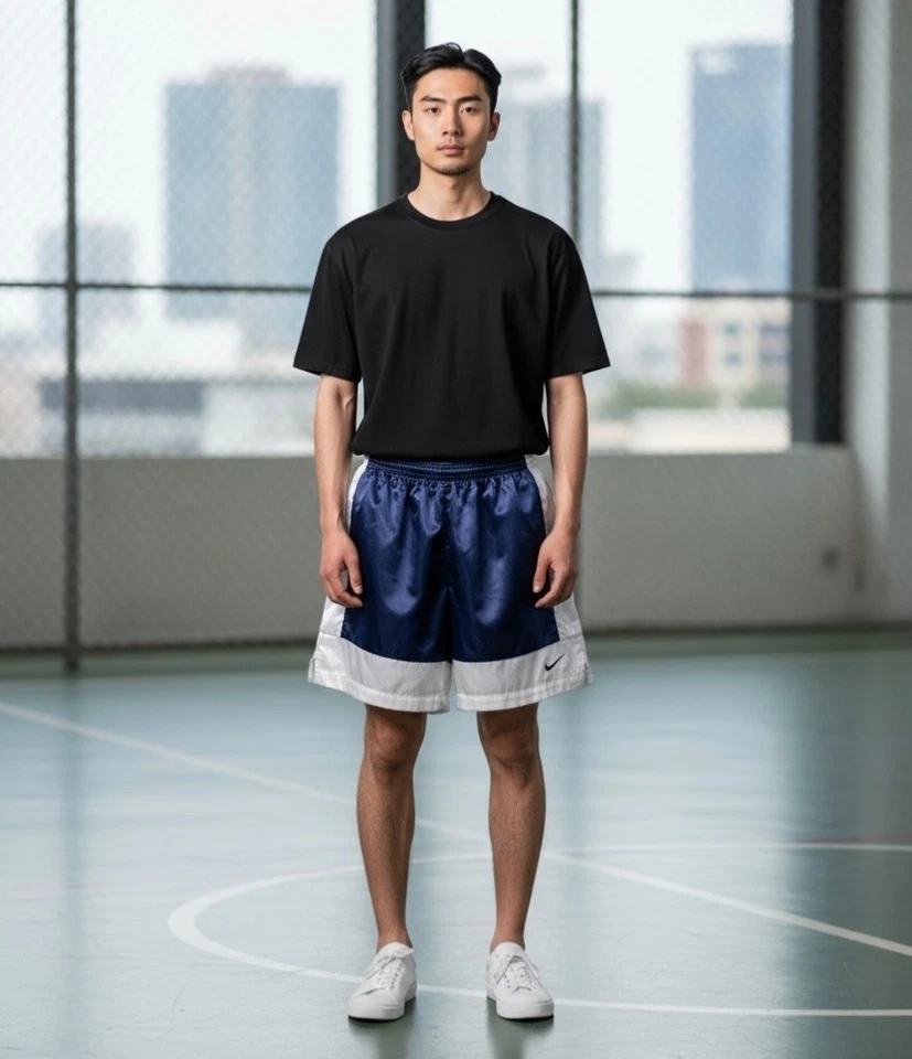 Pantalones Cortos de Fútbol Nike Años 90 Vintage Satinado Nylon Brillo Azul Marino Negro Grande Foto 1 de 4