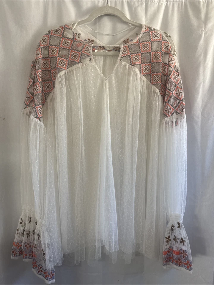 Top Free People Joyride de tul transparente bordado de gran tamaño manga larga marfil talla L Foto 1 de 4