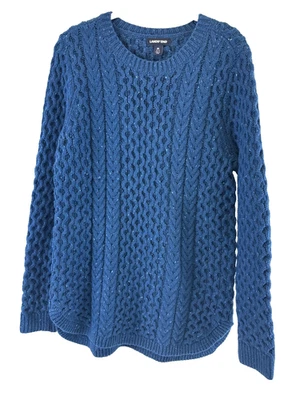 Lands End Pullover Sweater Tunic Cableknit Blue Round Hem Cotton Wool Womens M - Image 1 of 4