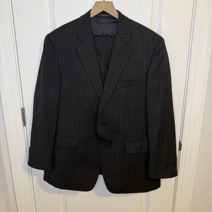 VTG Lauren Ralph Lauren 100% Wool 3 Piece Suit Black Pinstripe Pants 31 Mens 42R - Picture 1 of 10
