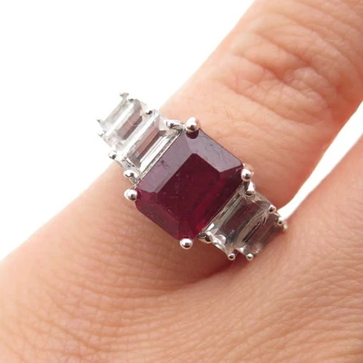925 Sterling Silver Real Emerald-Cut Ruby & White Topaz Ring Size 5 - Image 1 of 4