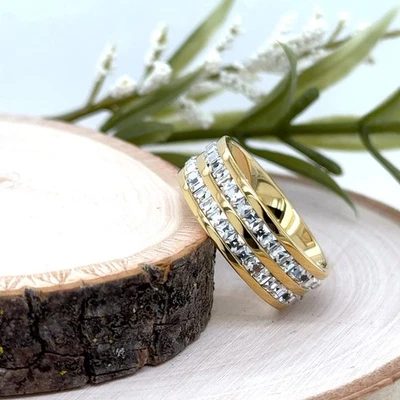 Anillo de titanio chapado en oro de 8 mm doble circonita cúbica filas de diamantes banda hipoalergénica unisex Foto 1 de 4