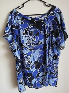 Liz Claiborne Plus Size 2X Floral Blue Black Stylish Neck Women Top Blouse
