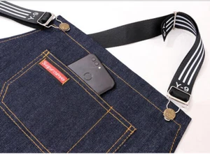 Denim bib apron leather strap Barista Workwear Barber Pocket Studio Uniform nice - Picture 1 of 6
