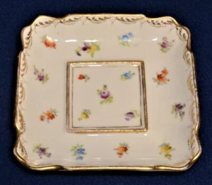 Antique 1880s Dresden Crown Mark Germany Porcelain FLOWERS Square 4 1/2" Dish - Picture 1 of 3