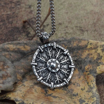 Mens Norse Viking Rune Vegvisir Compass Pendant Necklace Stainless Steel Gift - Image 1 of 4