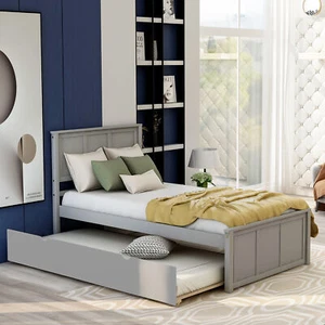 Modern Wooden Twin Size Platform Bed Frame with Twin Size Trundle Headboard Gray - Picture 1 of 9