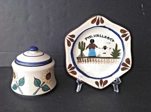 Vtg Lot 2 Mexico Tonala Pottery Veracruz Trinket Box & Pto Vallarta Wall Plate - Picture 1 of 6