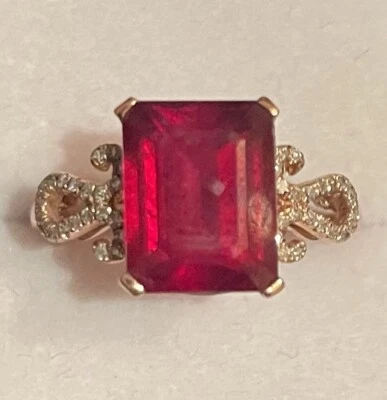 3.80CT Emerald  Cut Natural Red Ruby Genuine Diamonds 10K SOLID Rose  Gold Ring - Image 1 of 4