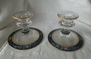 2 WESTMORELAND ? Kerzenständer GLAS SCHWARZ BAND EMAILLIERT ROSEN GOLDRAND - Bild 1 von 10