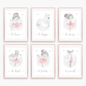 Pink & Grey Ballerina Nursery Art Prints Girl Childrens Bedroom Pictures Decor - Picture 1 of 10