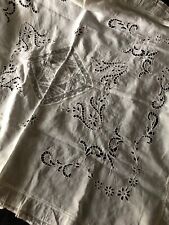 Antique French White Fine Lawn Cotton Hand Cutwork Embroidery Lace Tablecloth