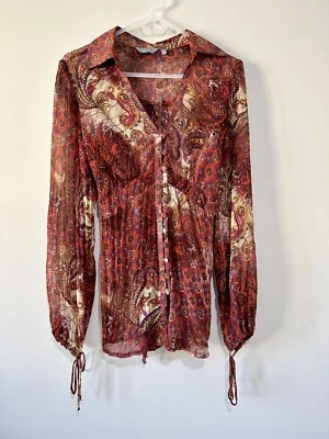 Per Una Size 10 Burnt Orange Floral Paisley Boho Sheer Blouse Tunic Tie Waist - Image 1 of 4