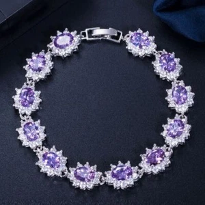 Flower Link Chain Bracelets - Silver Color Oval Cubic Zirconia Bracelet Jewelry - Picture 1 of 20