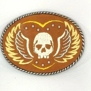 IVAN skull embroidered belt buckle brown gold white studded stitching with wings - Picture 1 of 4