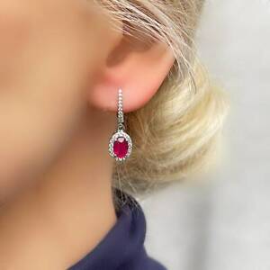 3Ct Oval Cut Lab Created Red Ruby Drop Dangle Earrings 14K two Micron White Gold