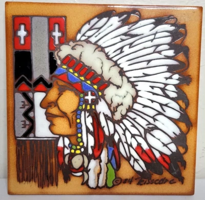Cleo Teissedre Ceramic Tile Art Signed Native Chief Southwest Wall DecorTrivet  - Image 1 of 4
