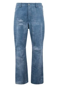 Men's Leather Pant Wide Leg Style Trouser Blue Buffed Soft Real Leather Jeans - Picture 1 of 4