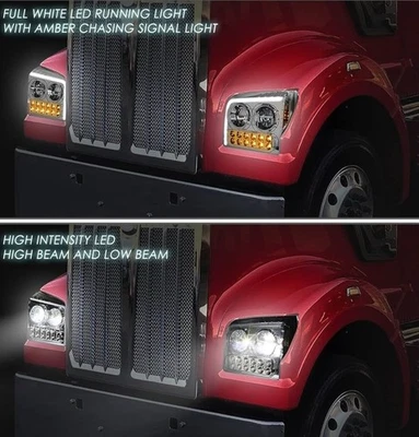 Fit 19-22 Kenworth W990 Chrome Housing LED DRL Sequential Turn Signal Headlights - Image 1 of 4