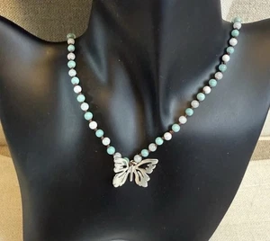 Fossil Brand Turquoise 20” Beaded Butterfly Necklace Silver Tone Dangle Clasp - Picture 1 of 7
