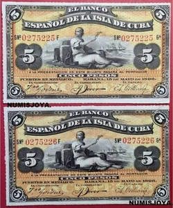 COLONIAL SPANISH BANK SPANISH CORRELATIVE COUPLE of 5 Pesos 1896 UNCIRCULATED. - Picture 1 of 2