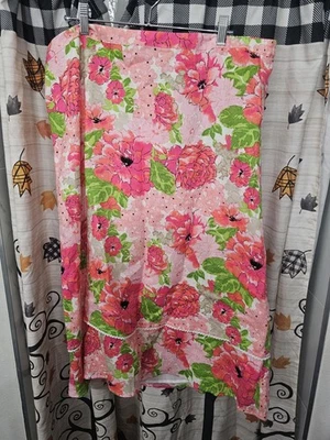 Women's PXL Pink Floral Mid Calf Length Lined Linen Skirt By Kim Rogers Petite - Image 1 of 4