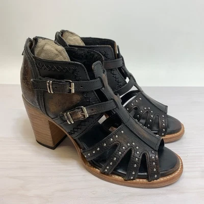 Freebird Womens Sz 8 Leather Boho Strappy Sandals Distressed Black Conner Heels - Image 1 of 4