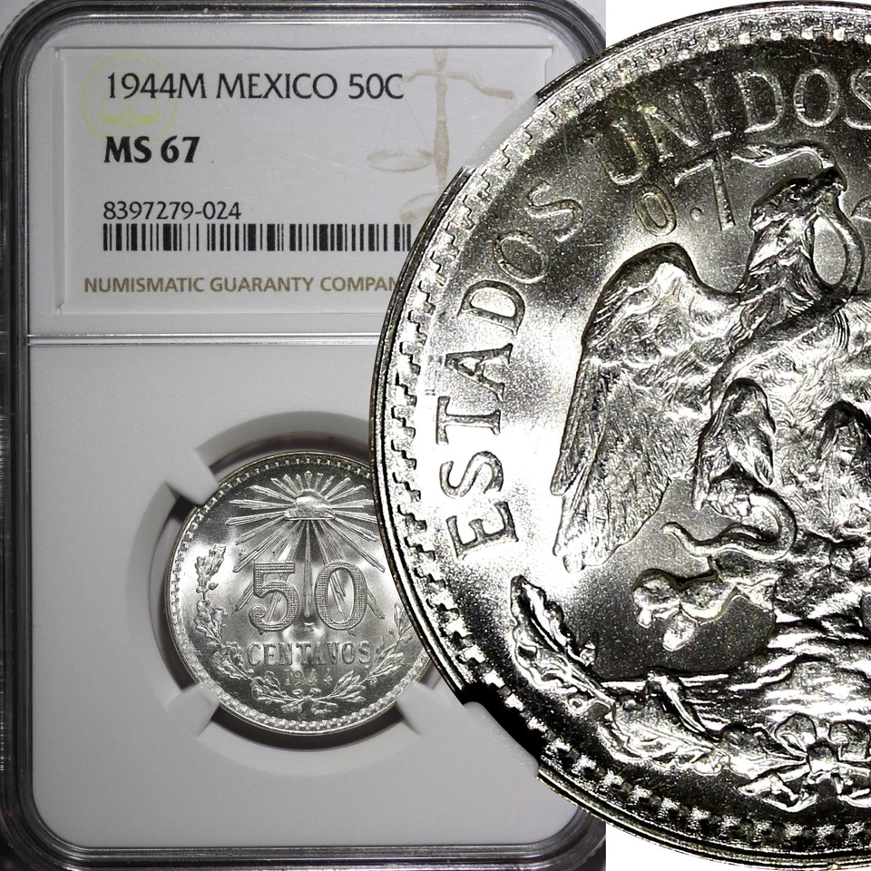 México ESTADOS UNIDOS Plata 1944 M 50 Centavos NGC MS67 GEMA BU KM# 447 (024) Foto 1 de 4