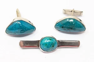 Gemelli In argento 925 e fermasoldi con pietra turchese vintage - Foto 1 di 5