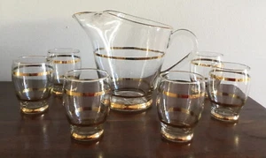 Vintage Clear & Gold Striped Pitcher & 6 Glasses - Picture 1 of 6
