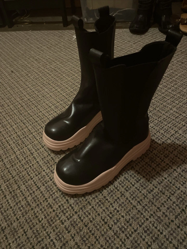 女士切尔西皮革拼色中筒靴鞋黑色带粉色  — 第 1/1 张图片