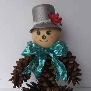 Handmade Pinecone Buddie Blue with Hat and Bow Wall Decor Gift Home Accents - Picture 1 of 6