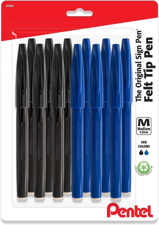 Фломастеры Pentel Sign - с волоконным наконечником - 12 штук (упаковка 1), черные, синие  - Изображение 1 из 4
