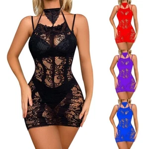Sexy Damendessous Neckholder Kleid One Piece Babydoll Fischernetz Hemd Nachtwäsche - Bild 1 von 27