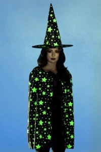 CAPE & HAT Ladies GLOW in the DARK Fancy Dress MIDNIGHT WITCH Halloween Costume - Picture 1 of 4