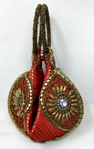Roter Brokat Potli Tasche Geldbörse Gold Indisches Glück Keks Stil Handgelenk schick - Bild 1 von 4