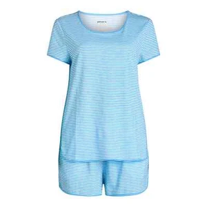 Joyspun Sleep Tee and Shorts 2-Piece Set Womens Medium Blue White Striped Cotton - Picture 1 of 12