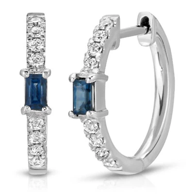 0.47 CT Natural Blue Sapphire & 0.17 CT Diamonds in 14K White Gold Hoop Earrings - Image 1 of 4