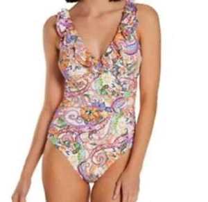 899 Ralph Lauren surplice ruffle underwire 1-Pc Swimsuit PAISLEY sz S - Picture 1 of 2