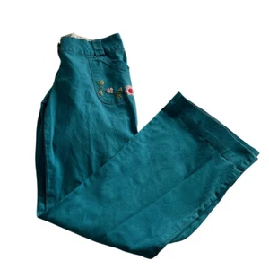 Vintage Y2K Tulle Anthropologie Flared Leg Pants 4 Teal Floral Embroidered Boho - Picture 1 of 7