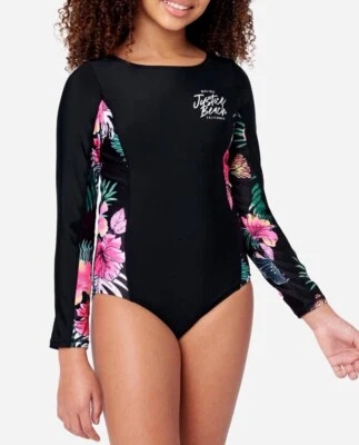 Traje de baño JUSTICIA niña protector contra erupciones una pieza natación manga larga 7 8 14 16 18 negro Foto 1 de 4