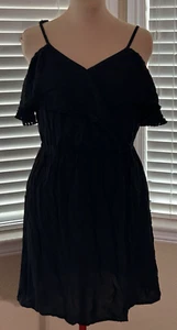 XHILARATION Vestido Envolvente Hombro Descubierto Negro Boho Flecos Mini Grande Rayón Nuevo - Imagen 1 de 18