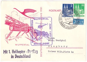Luftpost 1. Helikopter-Postflug Wuppertal-Elberfeld Bizone Bauten MiF 10.6.1951 - Picture 1 of 2