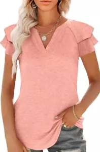 Womens Tops V Neck Ruffle Short Sleeve T Shirt Summer Dressy Casual Shirts Loose - Picture 1 of 4